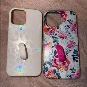 13 Pro Max Loopy Case White Iridescent Shell & Floral Case with Pink Grip Loop
